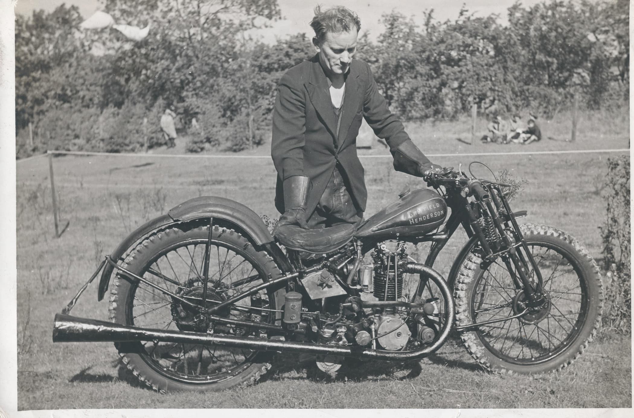 “My grandad in 1930 with his motorcycle, which still survives in my garage.”
